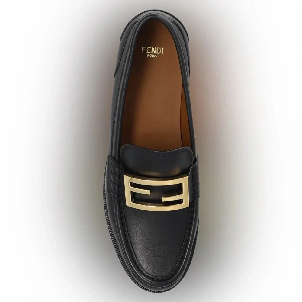 New Fendi Black Slip On Baguette Loafer with Gold Monogram Buckle SIZE 10.5 - Picture 3 of 14